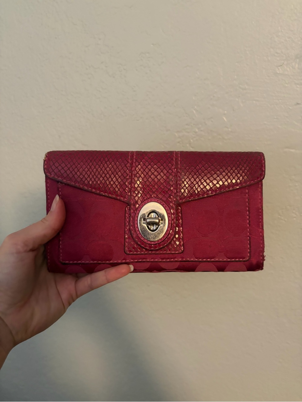 Coach Magenta Signature Wallet with Turnlock Accent